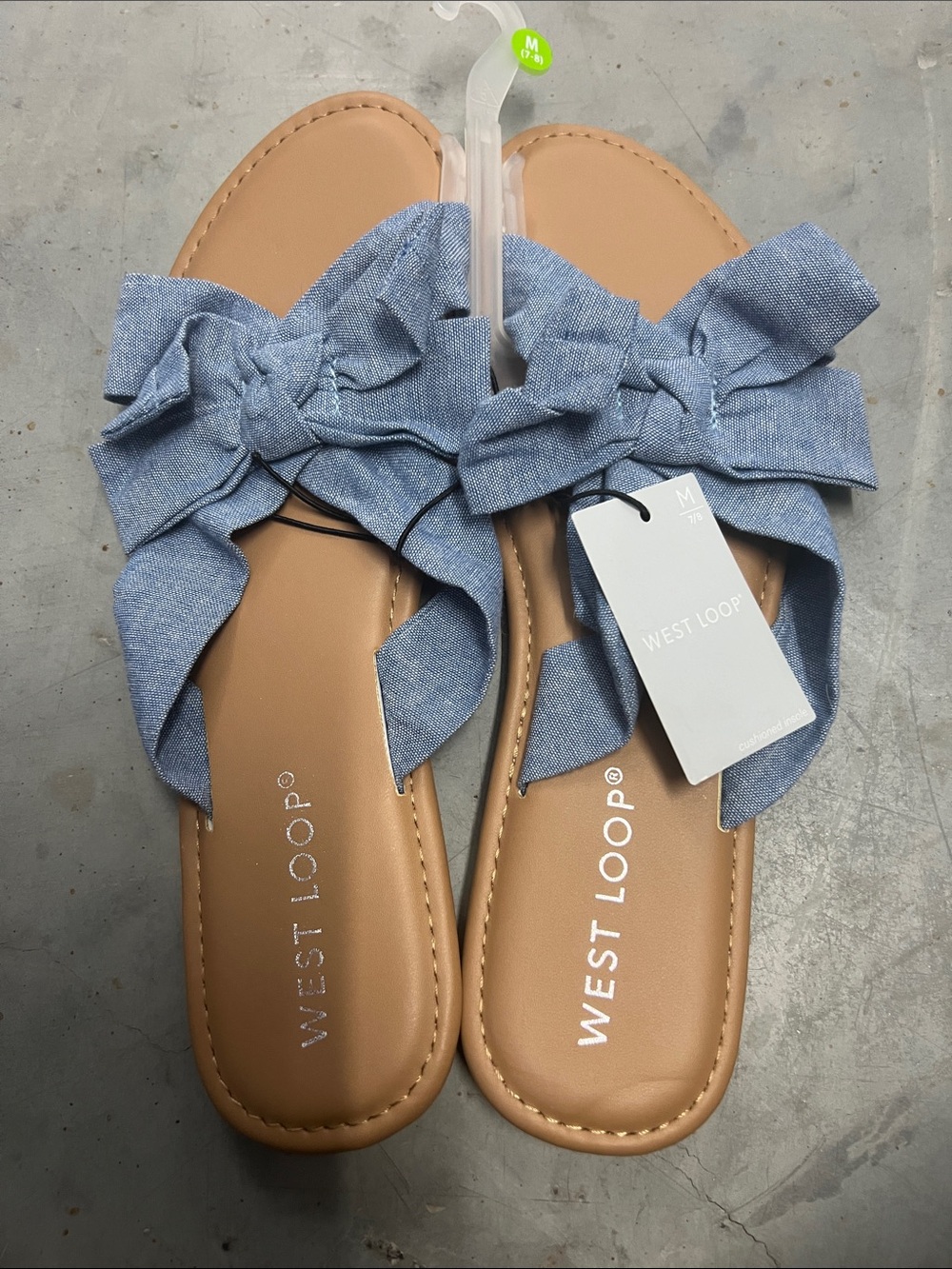 west loop Chambray Bow Slide Sandals in Blue and Tan